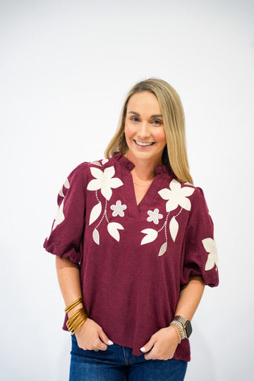 Burgundy Suede Embroidered Blouse