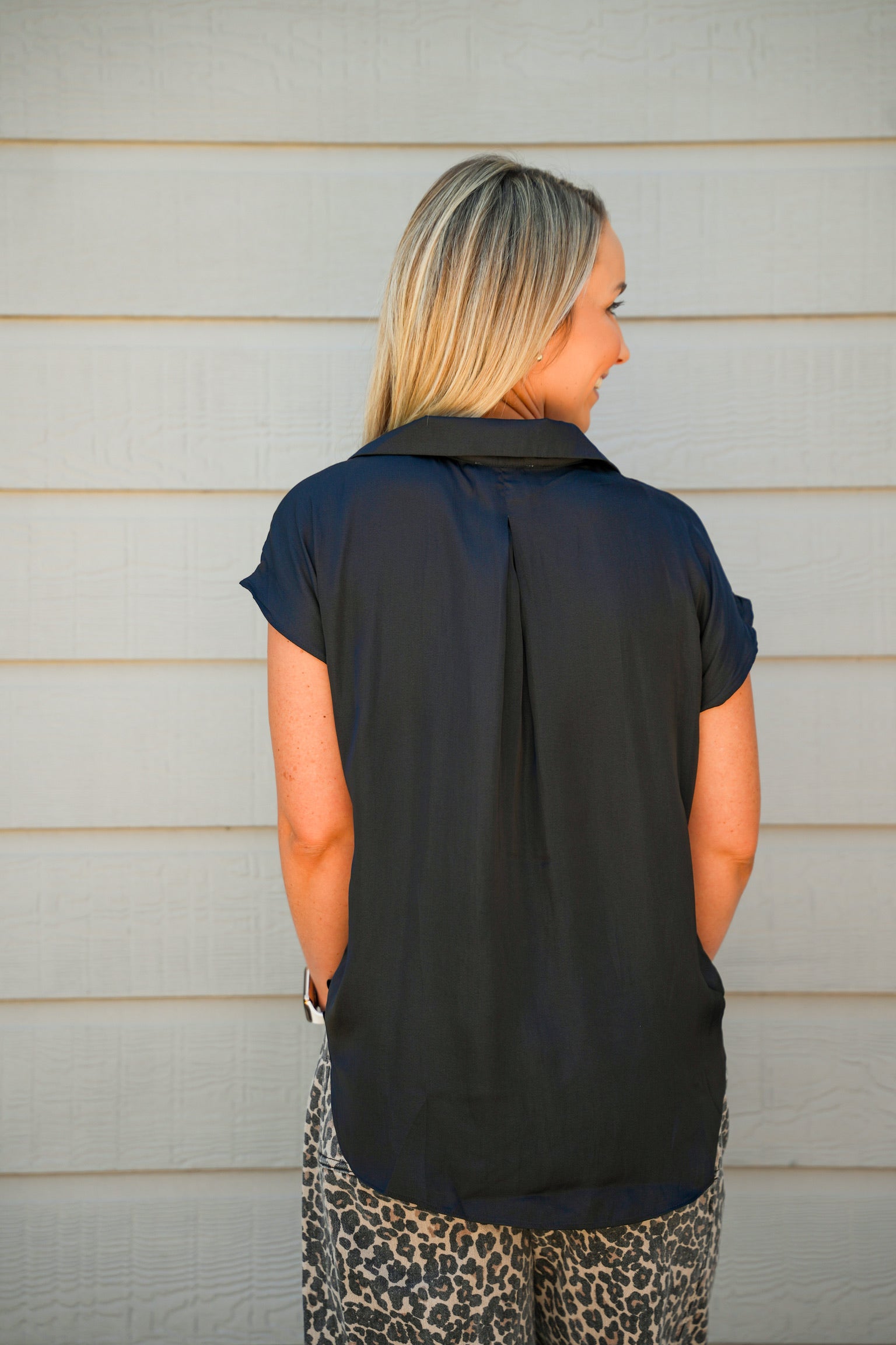 Button Down Cap Sleeve Shirt - Black - Southern Belle Boutique