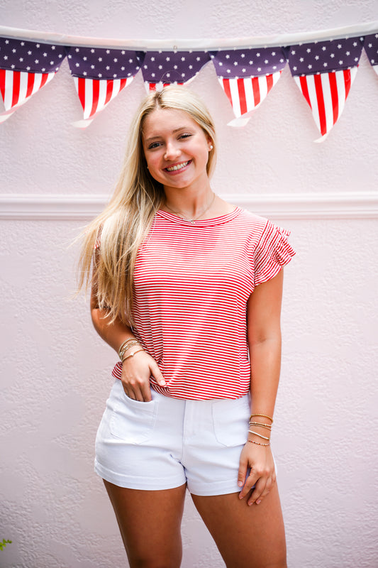 Smocked Sleeve Striped Top - Red