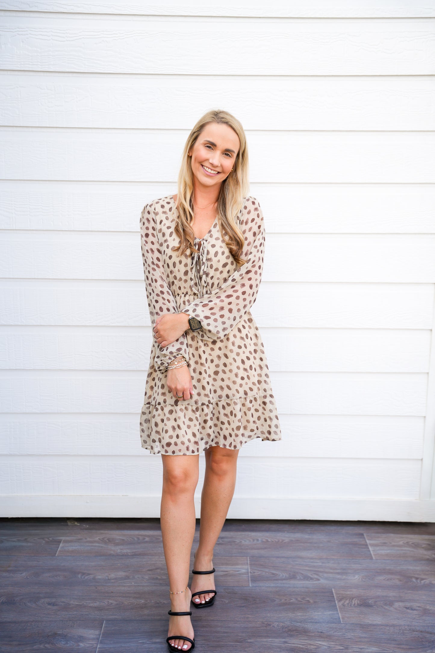 Tan Brown Spotted VNeck Front Tie Mini Dress