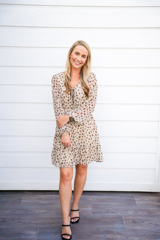 Tan Brown Spotted VNeck Front Tie Mini Dress