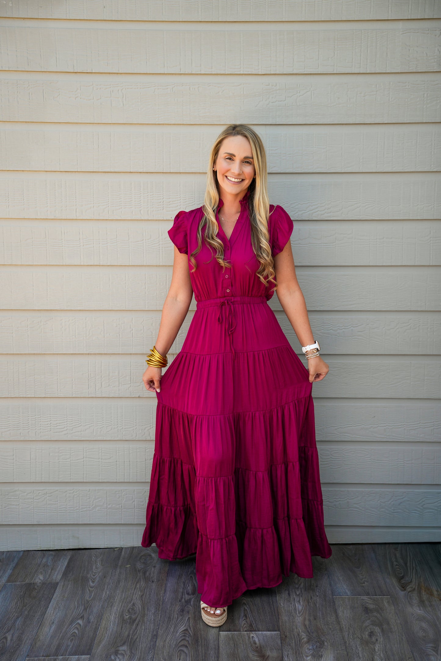 Satin Tiered Maxi Dress - Fall Red