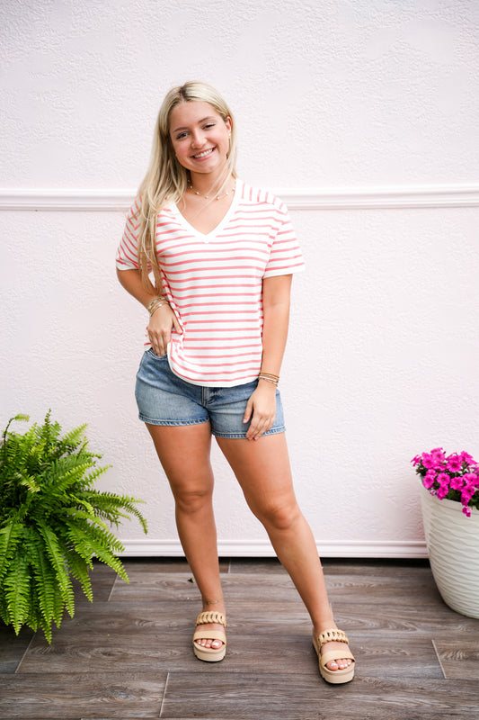 Ivory Coral Striped VNeck Sweater