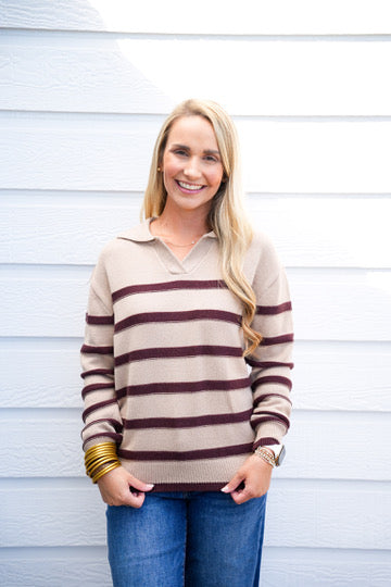 Brown Striped VNeck Sweater
