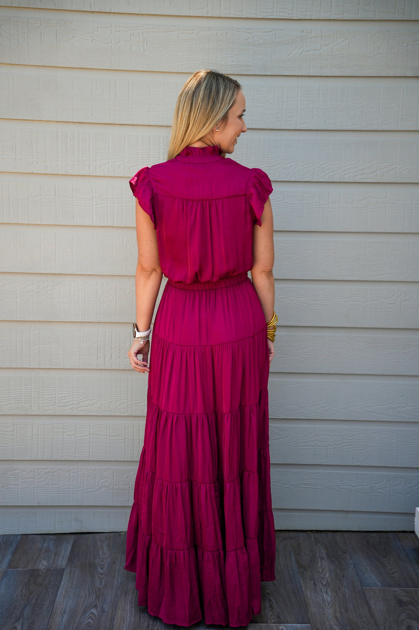 Satin Tiered Maxi Dress - Fall Red