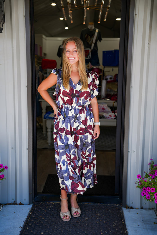 Blue Grey Floral Satin Ruffle Tiered Midi Dress - Southern Belle Boutique
