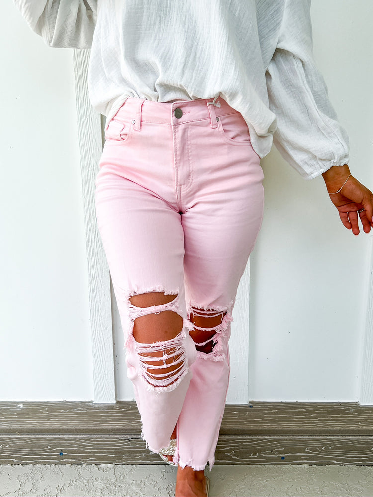 Lt Pink High Rise Straight Jeans - Southern Belle Boutique