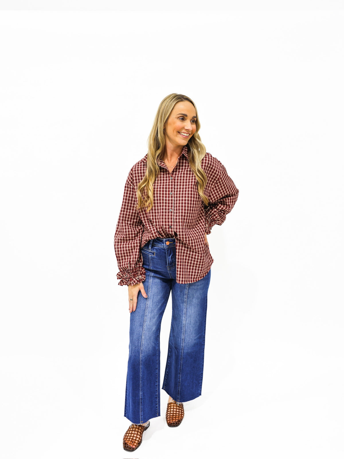 Burgundy Plaid Button Down Top - Southern Belle Boutique