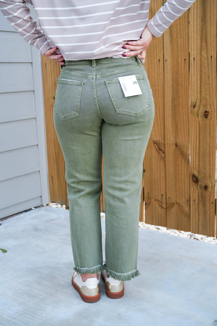 High Rise Raw Crop Straight Jeans - Deep Lichen Green