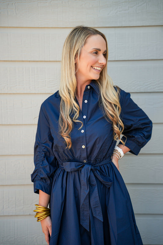 Eyelet Detailed Button Down Midi Dress - Blue Black