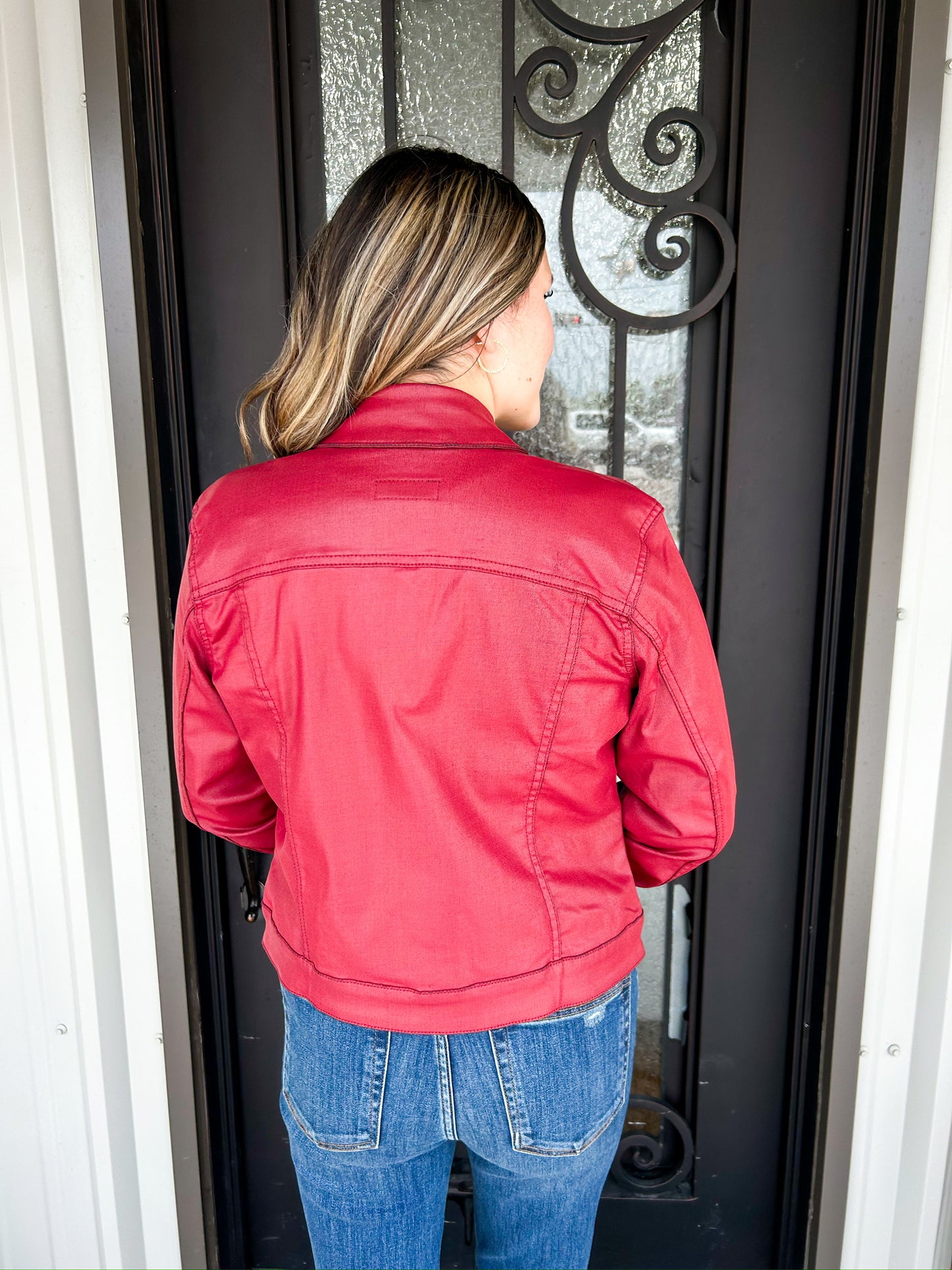 Julia Coated Crop Denim Trucker Jacket - Red M - Southern Belle Boutique