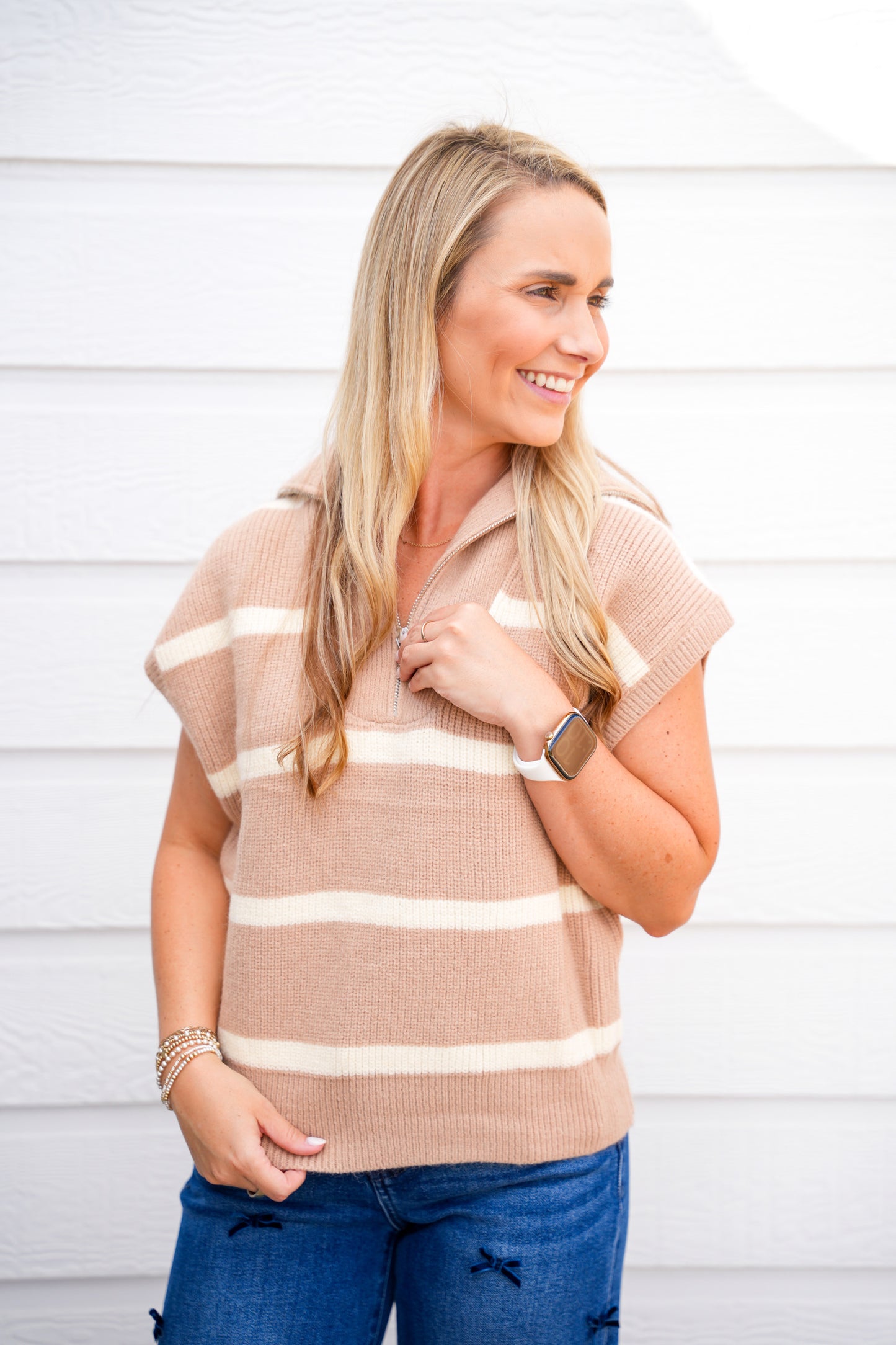 Beige Striped Half Zip Sweater