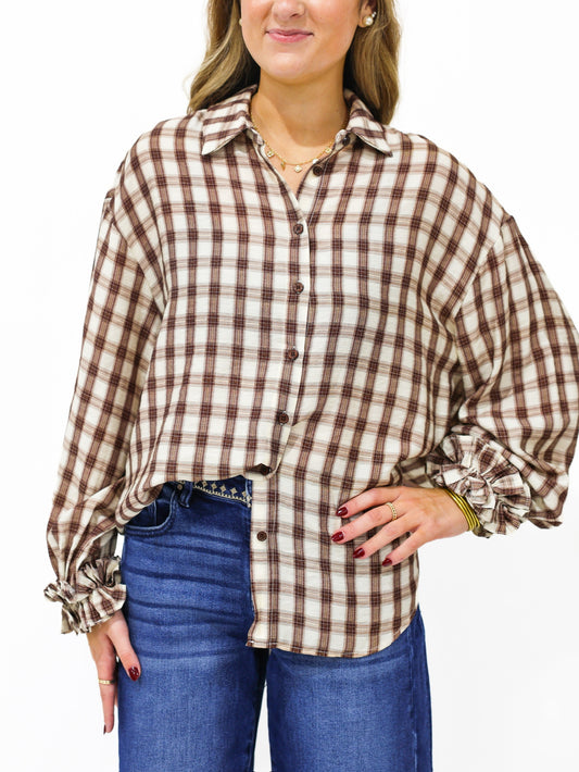 Brown Gingham Plaid Ruffle Cuff Shirt - Southern Belle Boutique
