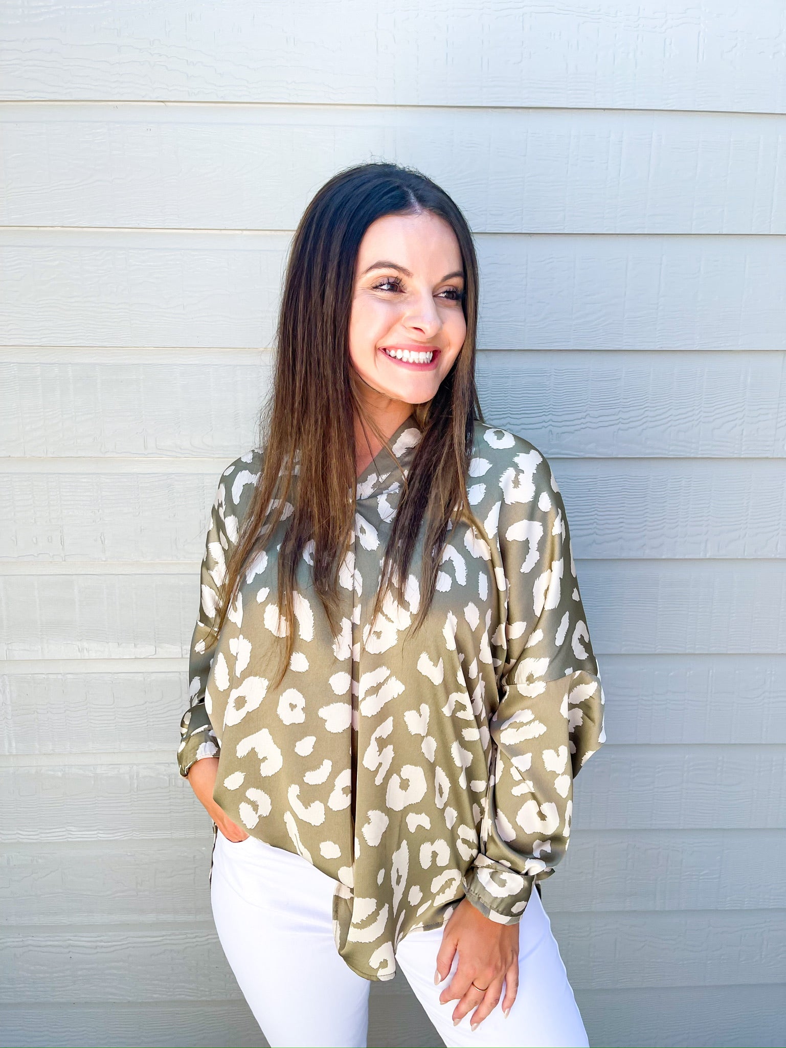 Mocha Spotted VNeck Blouse - Southern Belle Boutique