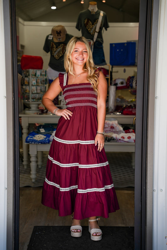 Burgundy Smocked Ruffle Cap Sleeve Dress
