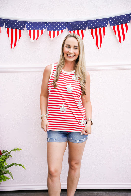 Star' Sequin Patched Stripe Round Neck Tank Top - White/Red