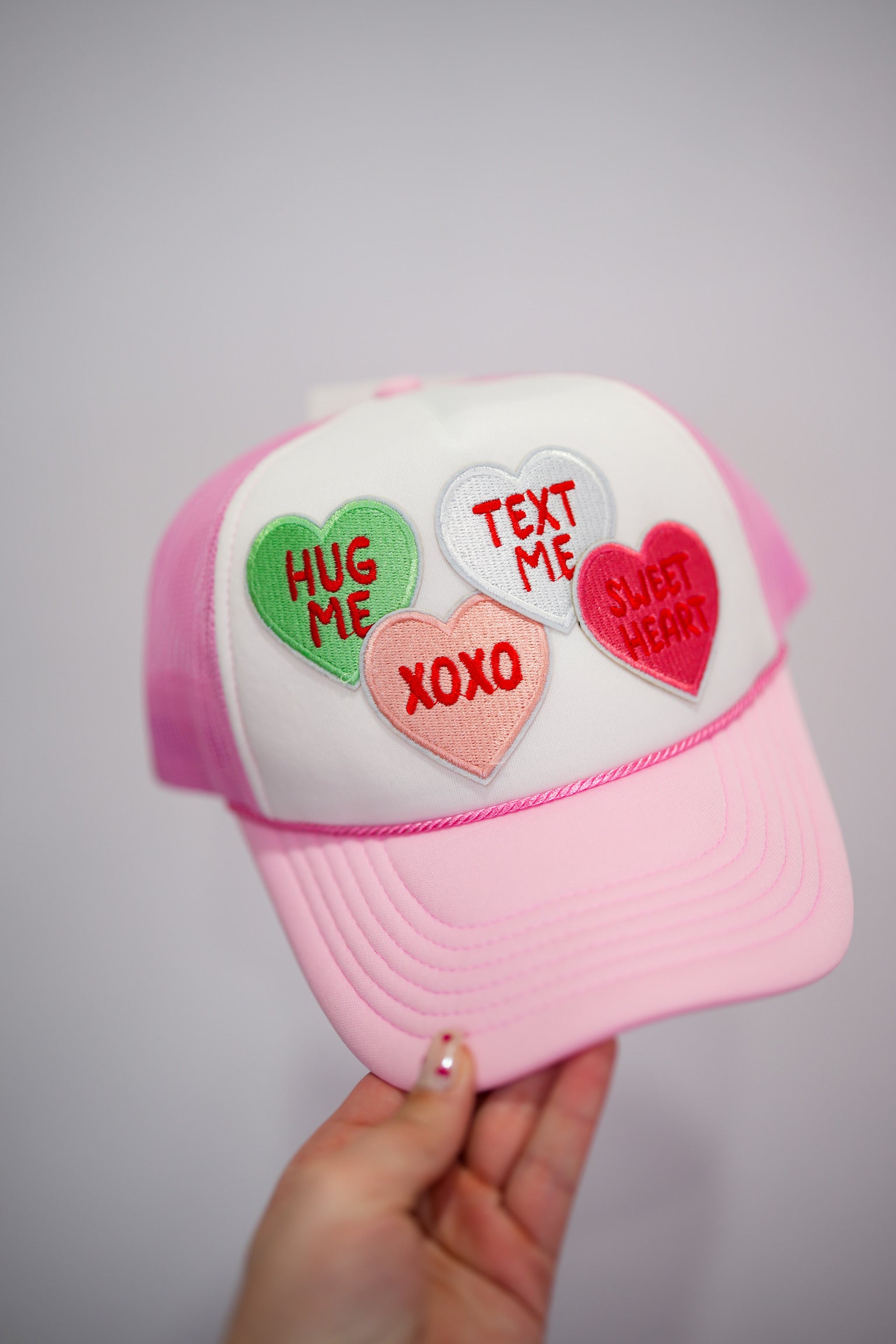 Sweet Conversation Hearts Trucker Hat - Pink White - Southern Belle Boutique