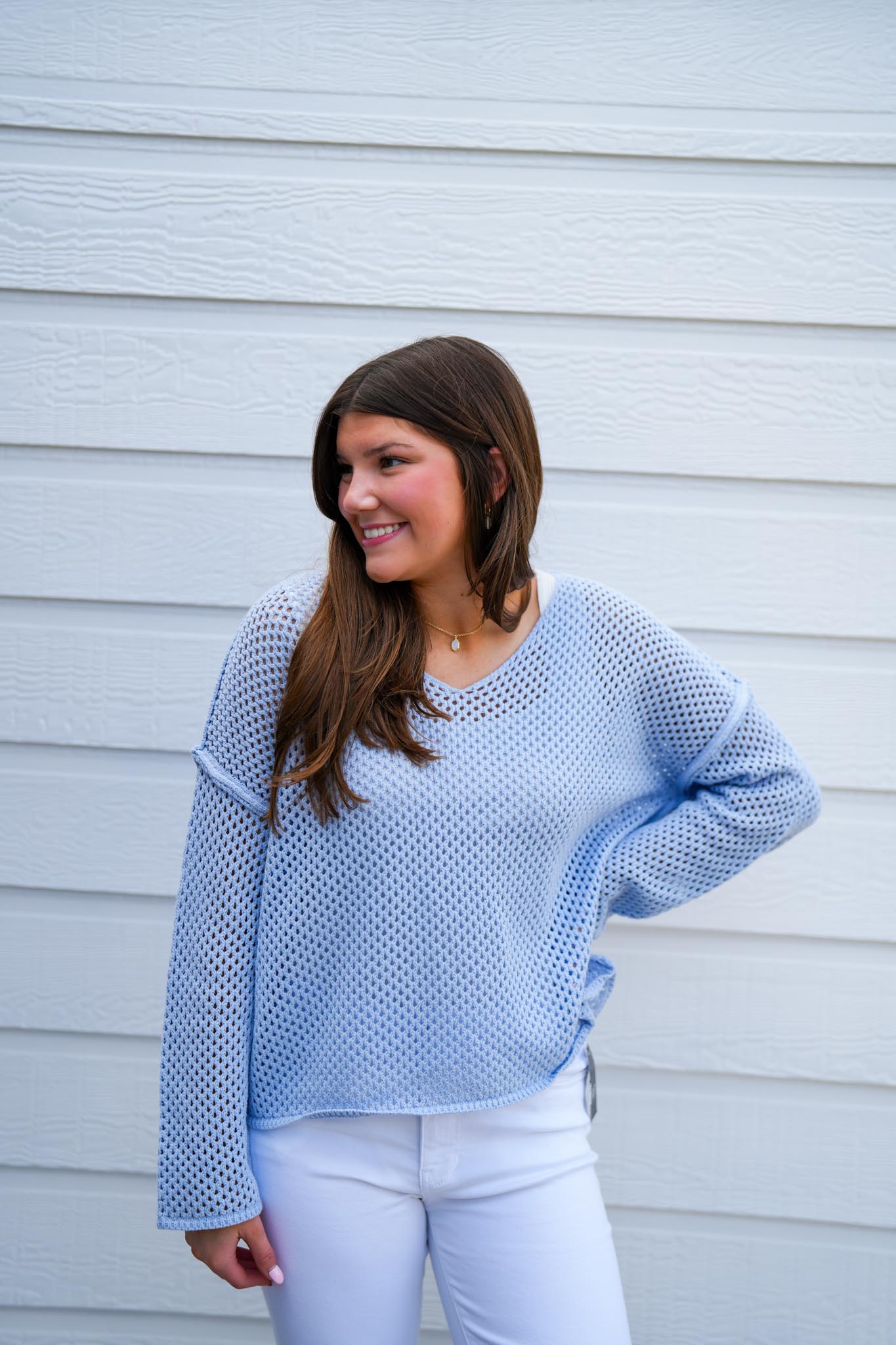Powder Blue Fishnet Sweater - Southern Belle Boutique