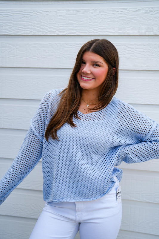 Powder Blue Fishnet Sweater - Southern Belle Boutique