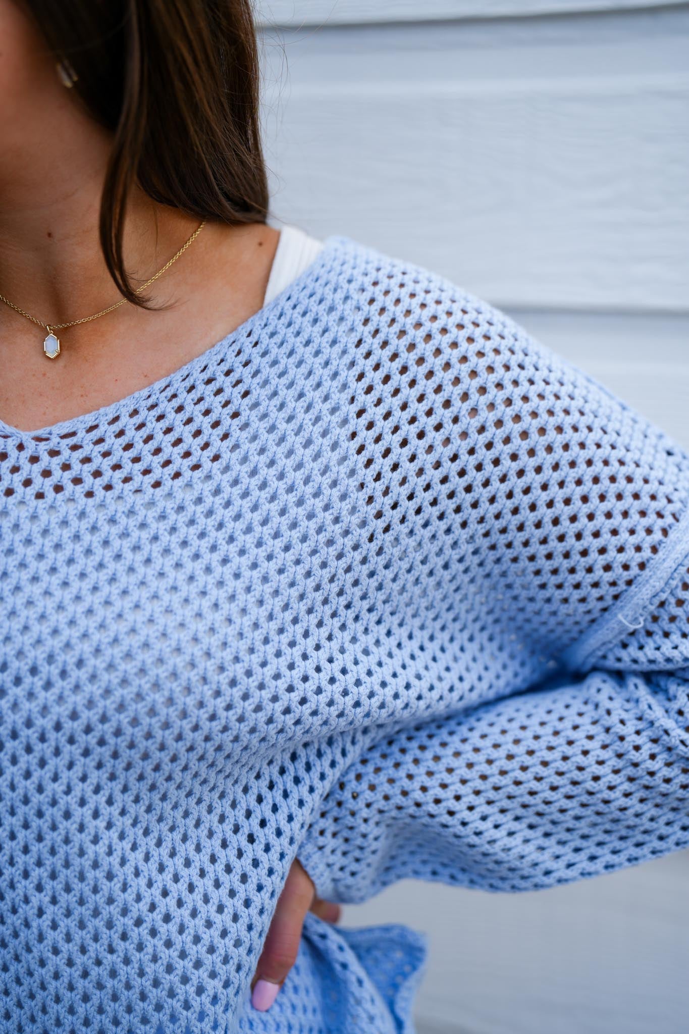 Powder Blue Fishnet Sweater - Southern Belle Boutique