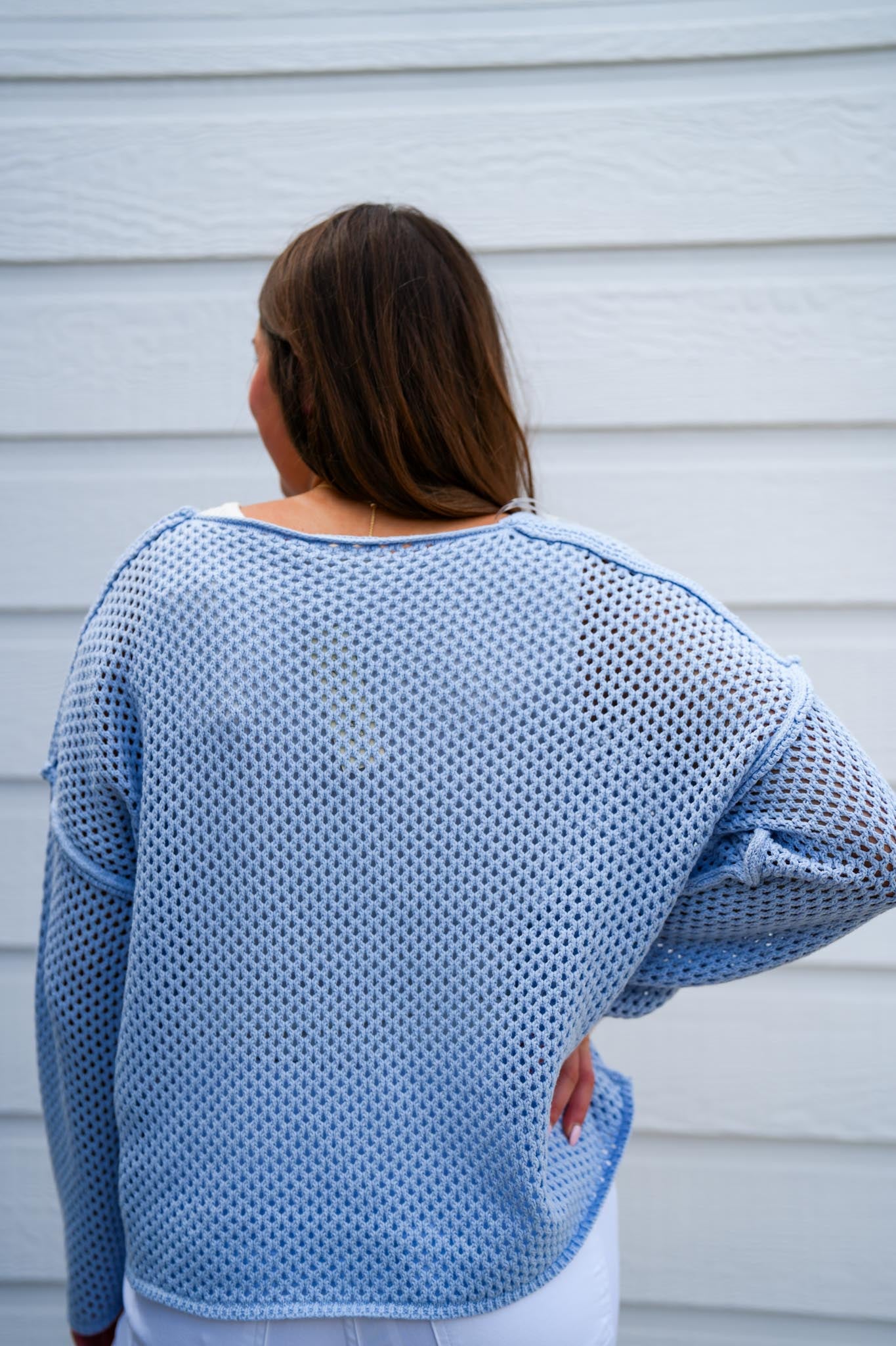 Powder Blue Fishnet Sweater - Southern Belle Boutique