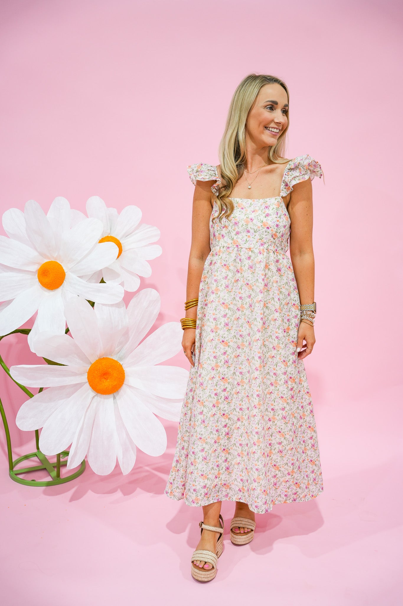Blush Floral Strap Midi Dress - Southern Belle Boutique