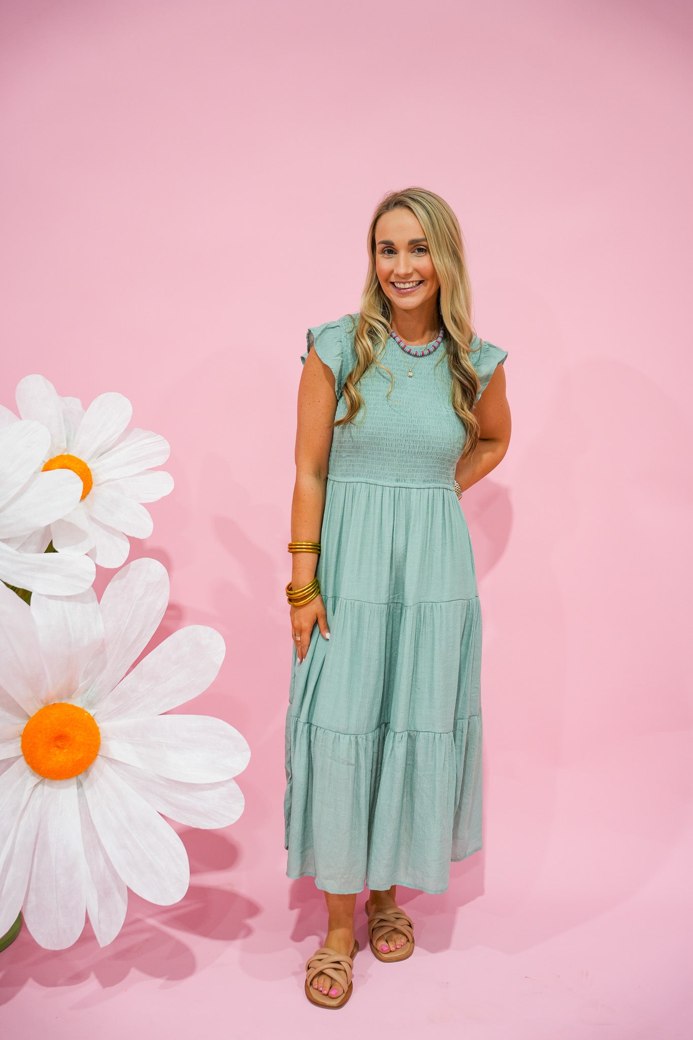 Sage Smocked Midi Dress - Southern Belle Boutique