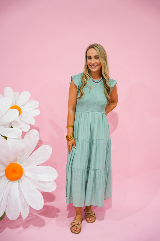 Sage Smocked Midi Dress - Southern Belle Boutique