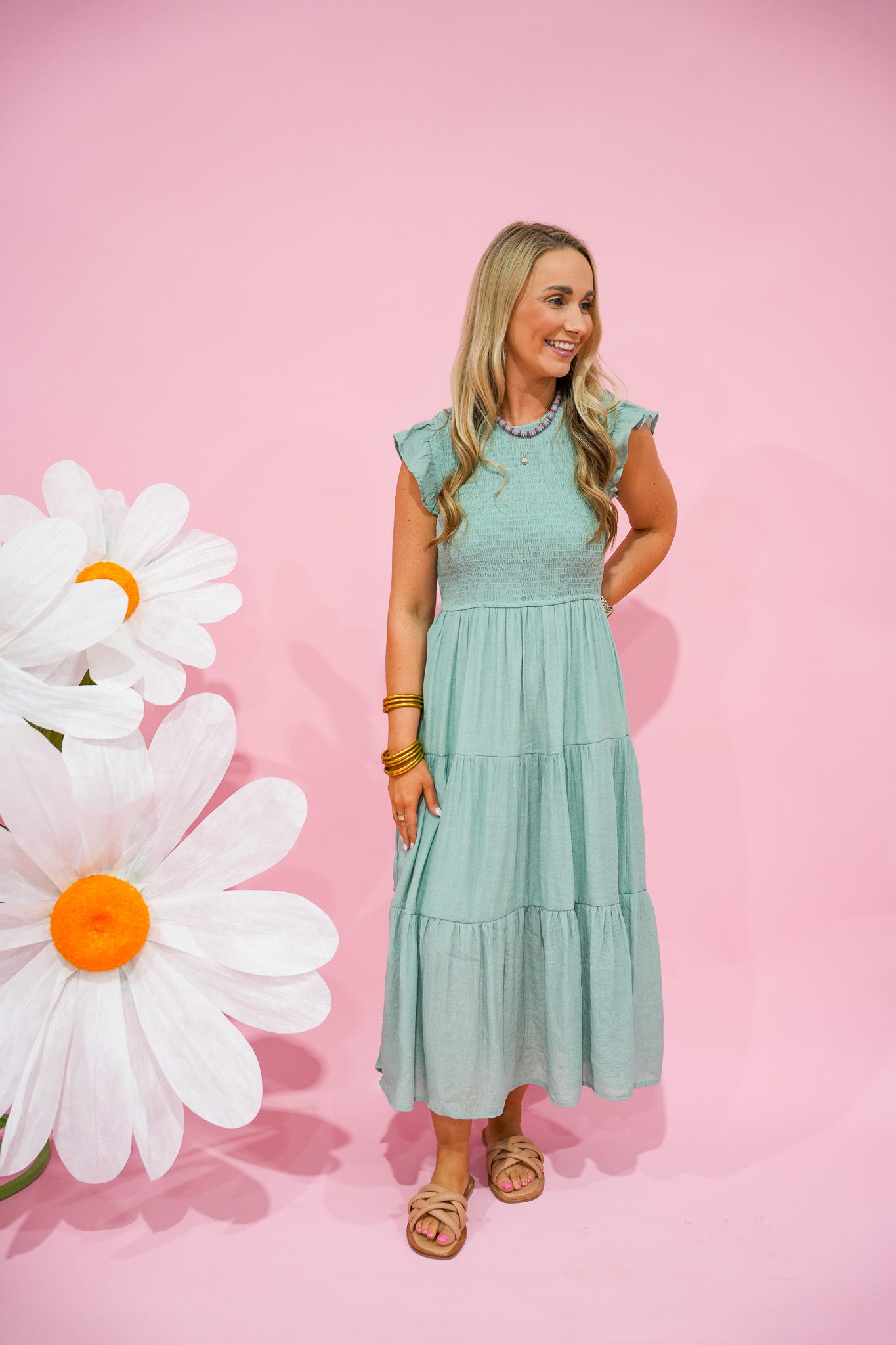Sage Smocked Midi Dress - Southern Belle Boutique