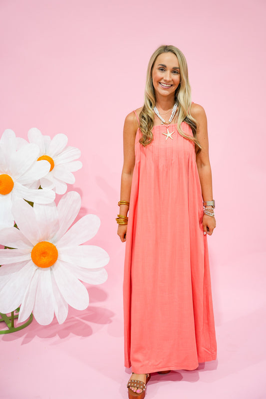 Coral Pintuck Strappy Maxi Dress - Southern Belle Boutique