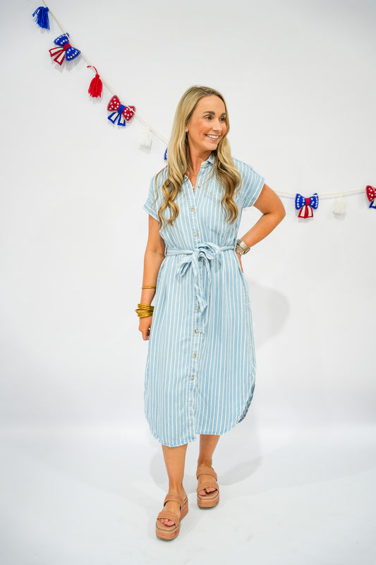 Chambray Striped Denim Midi Dress - Southern Belle Boutique