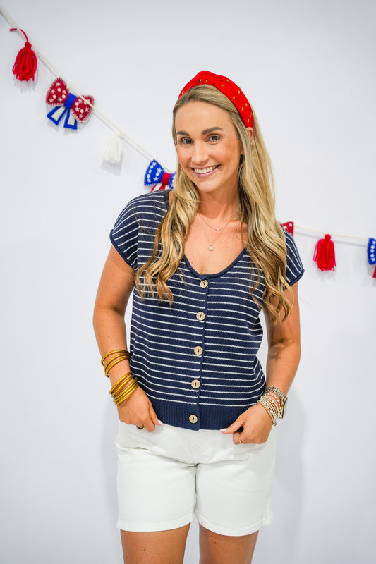 Navy Striped Button Down Cardigan - Southern Belle Boutique