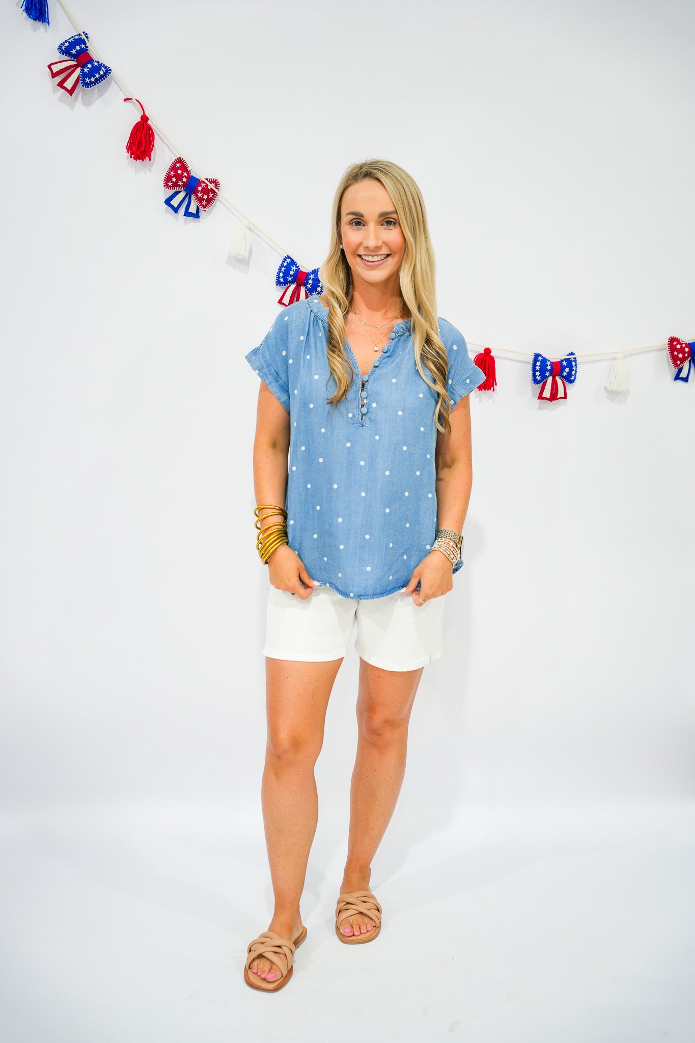 Chambray Polkadot Henley Top - Southern Belle Boutique