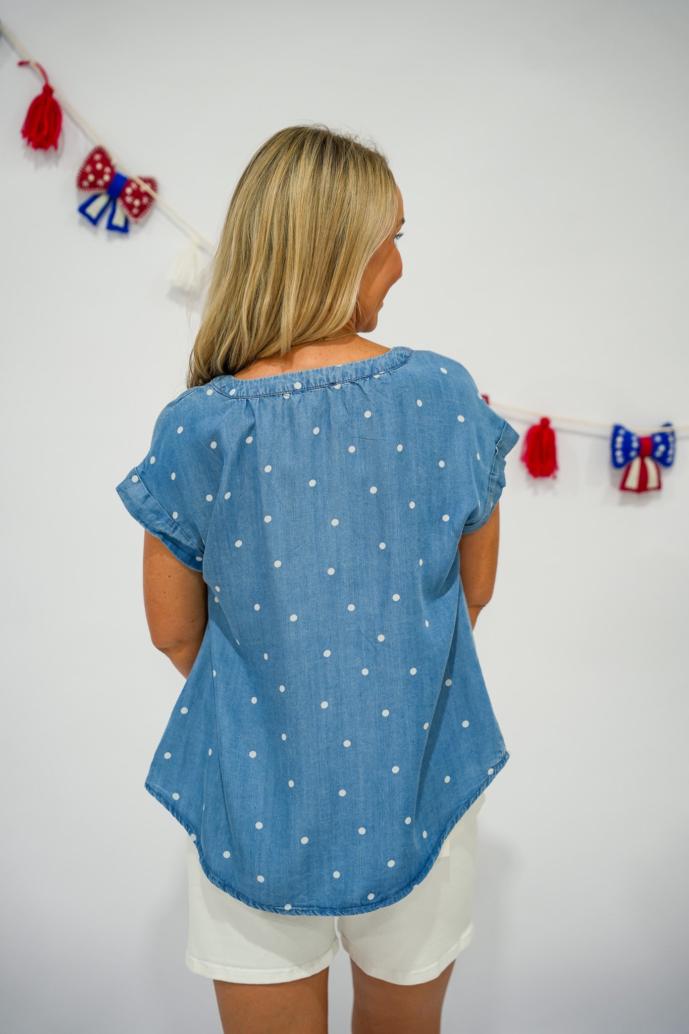 Chambray Polkadot Henley Top - Southern Belle Boutique