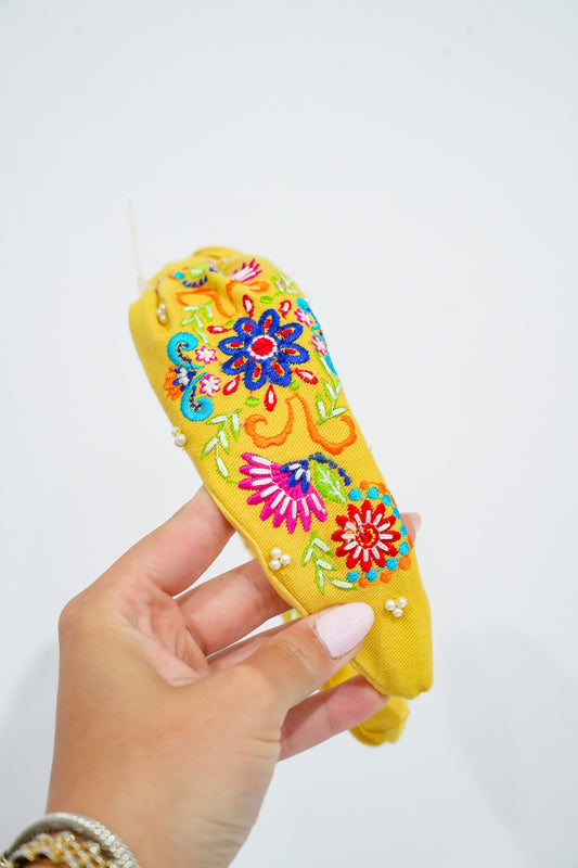 Yellow Summer Embroidered Headband - Southern Belle Boutique