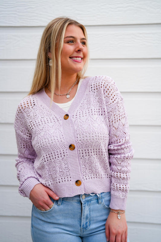 Lavender Pointelle Knitted V-Neck Crop Cardigan - Southern Belle Boutique