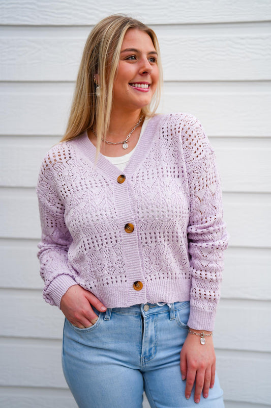 Lavender Pointelle Knitted V-Neck Crop Cardigan - Southern Belle Boutique