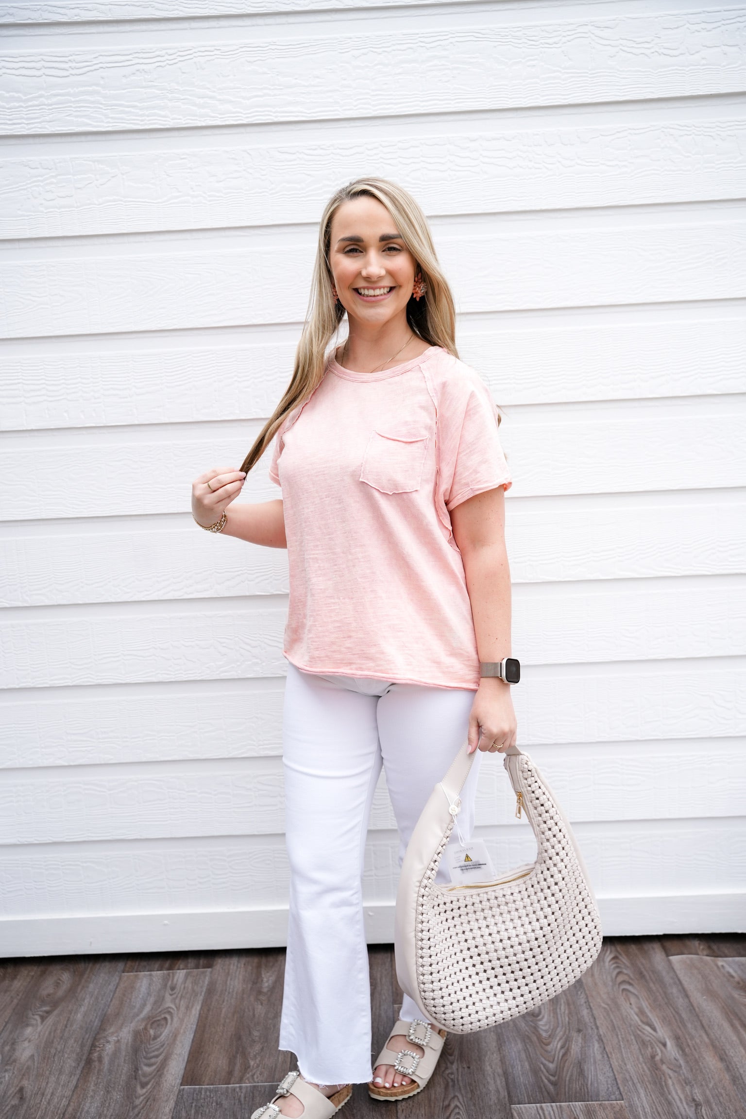 Blush Raw Edge Pocket Tee - Southern Belle Boutique
