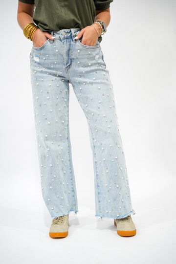 High Rise Wide Leg Pearl Rhinestone Jean