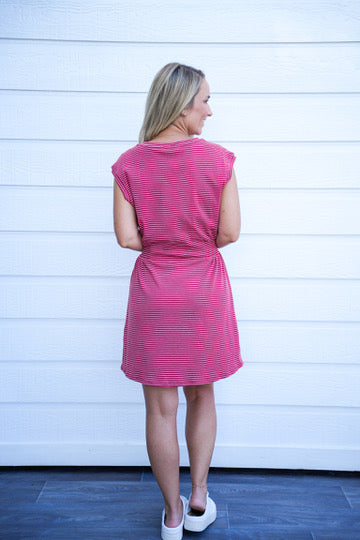 Striped Crew Neck Mini Dress - Crimson Red
