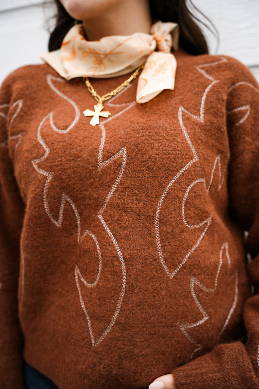 Western Boots Stitched Sweater - Southern Belle Boutique