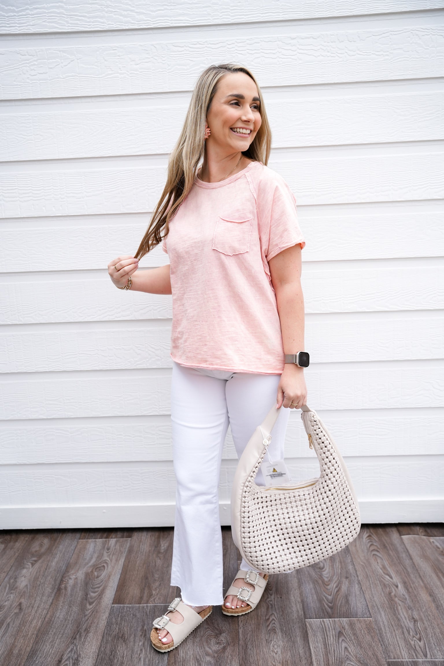 Blush Raw Edge Pocket Tee - Southern Belle Boutique