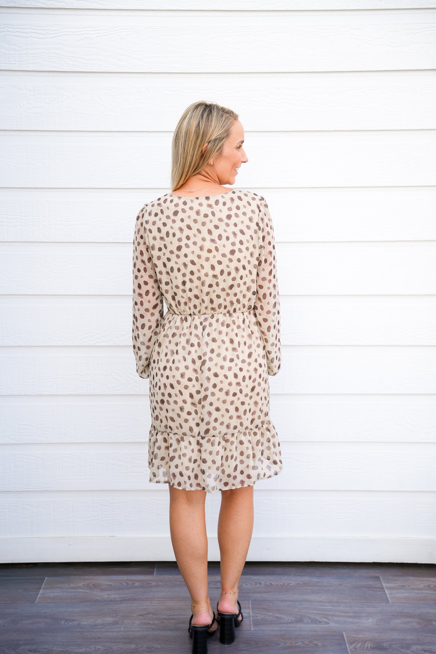 Tan Brown Spotted VNeck Front Tie Mini Dress