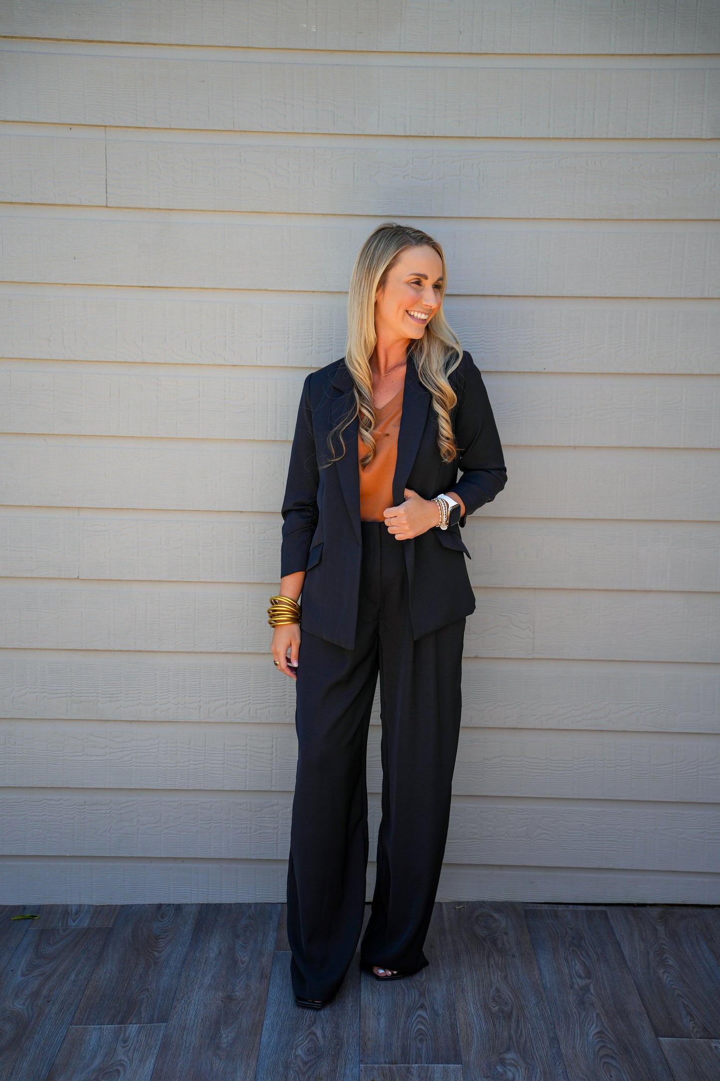 Shirred Sleeve Blazer - Black - Southern Belle Boutique