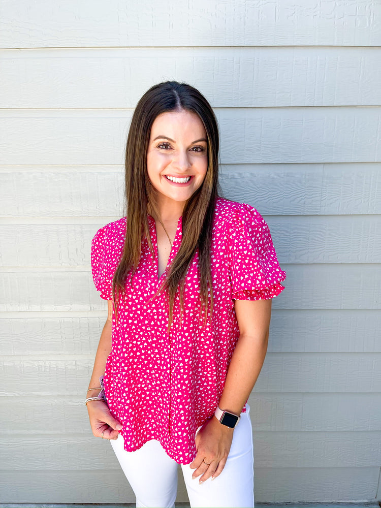 Hot Pink Heart Pattern Printed Blouse Top - Southern Belle Boutique