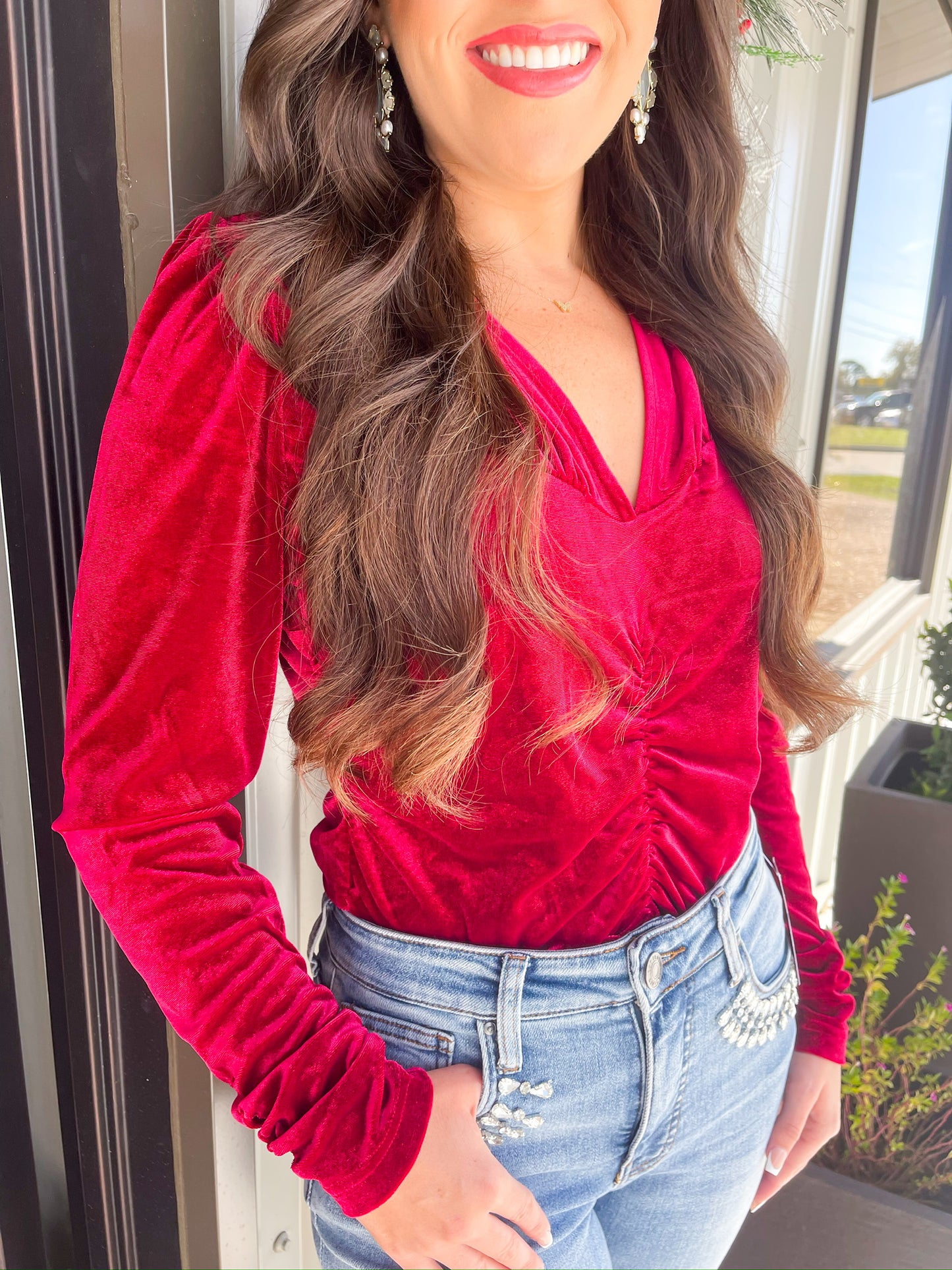 Sadelle Shirred Seam Top - Cranberry Velvet - Southern Belle Boutique