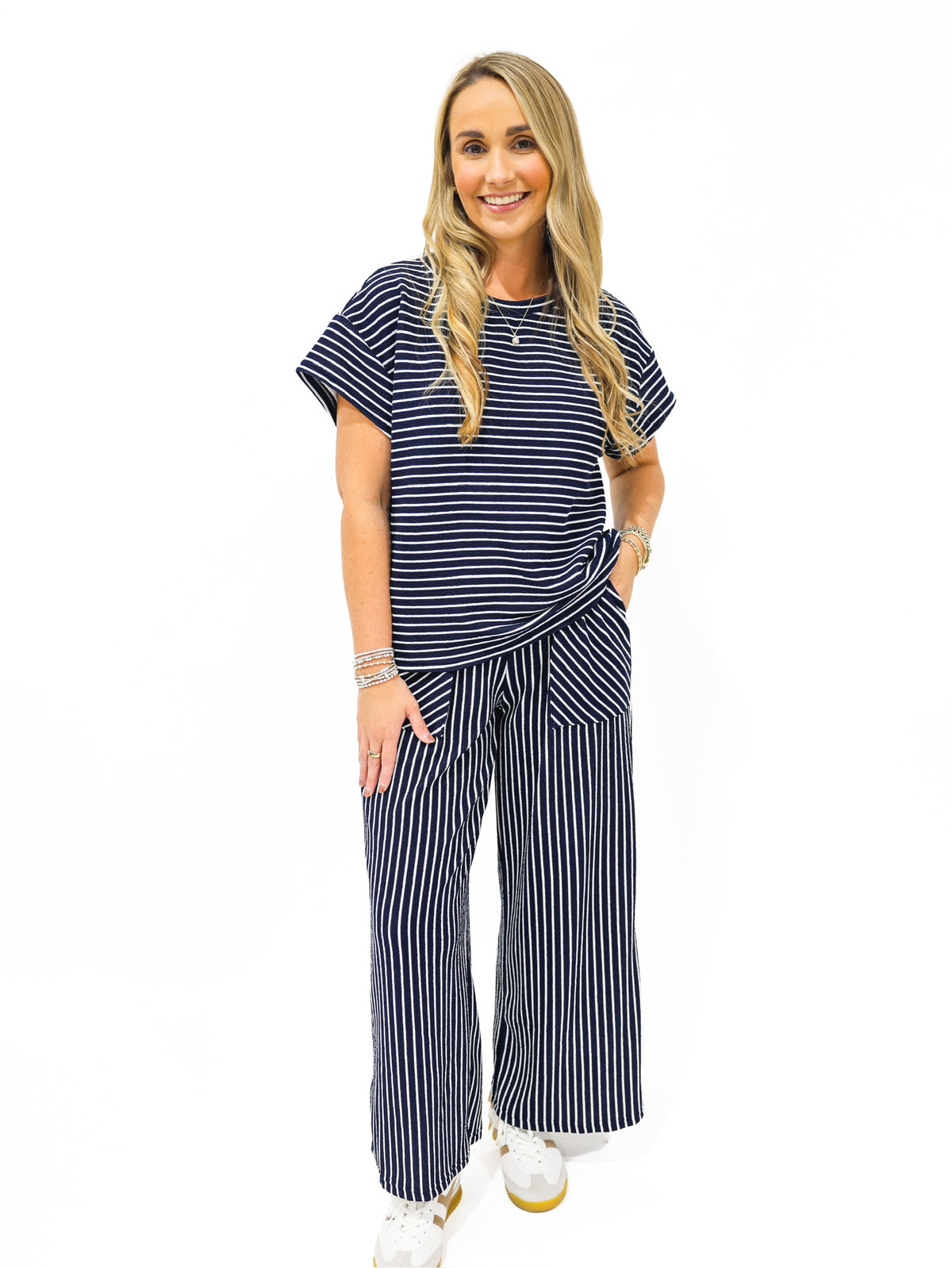 Navy Blue Striped Pant Set