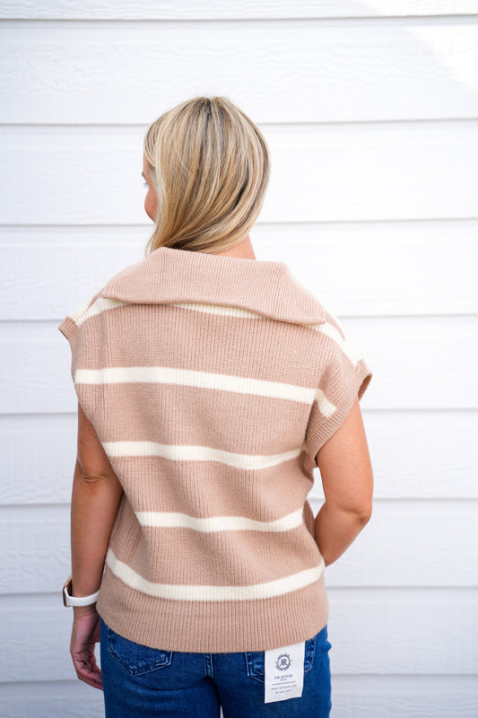 Beige Striped Half Zip Sweater