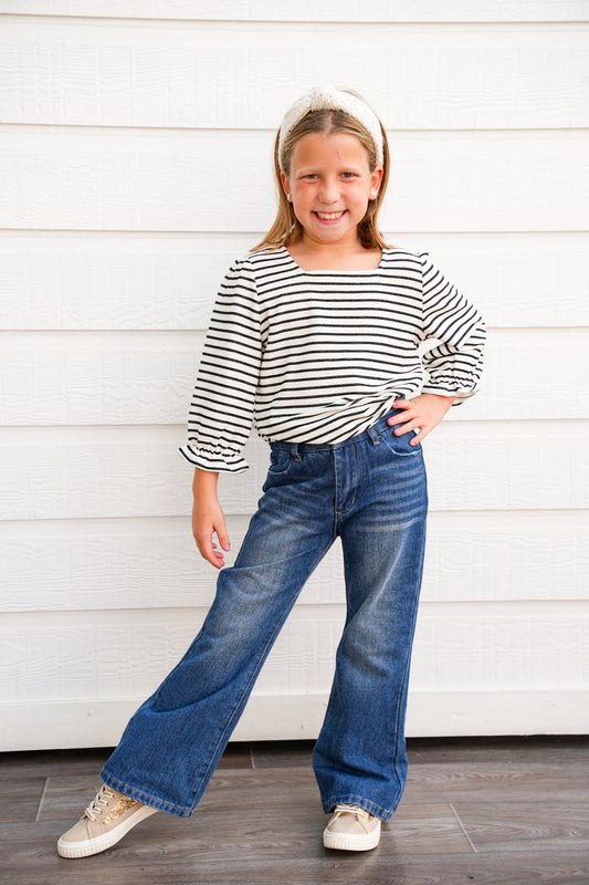 White Black Striped Square Neck Top