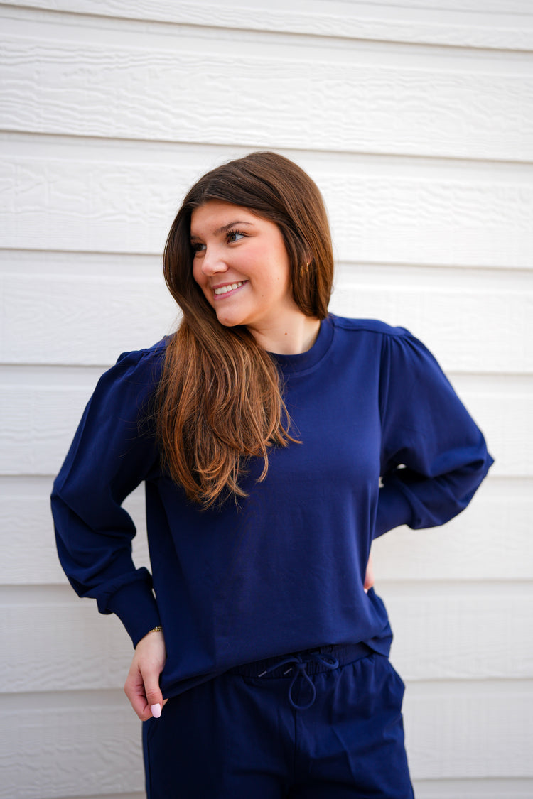 Kanni Crew Neck Puff Sleeve Top - Electric Indigo